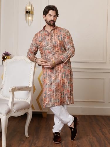 Image of SOJANYA (Since 1958 Men's Cotton Gold Thread Embroidered Long Kurta