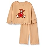 Amazon Essentials Toddler Girls' French Terry Sweatshirt Pant and Top Set, Light Camel Big Bear Heart, 2T