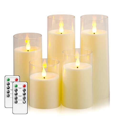 Image of Fo32won Ivory White LED Flameless Pillar Candles Battery Operated with Remote Timer, 5 Pack 3D Flickering Acrylic Candles for Home Living Room Bedroom Fireplace Wedding Party Holiday Decor & Gift