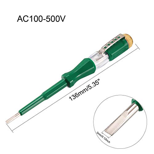 uxcell Voltage Tester AC 100-500V with 3mm Slotted Screwdriver with Clip for Circuit Test, Green, Pack of 3