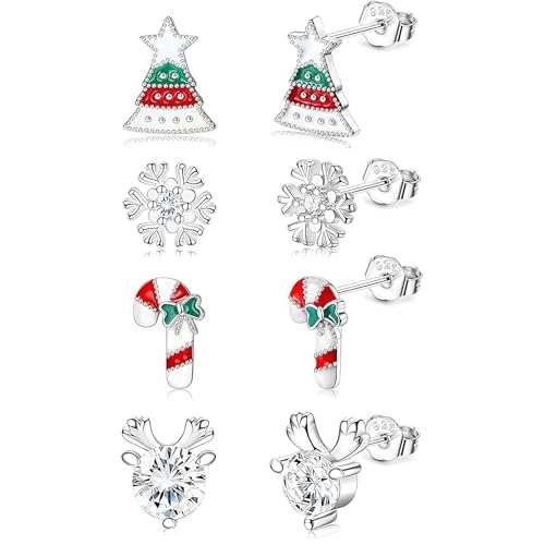 Sunshine smile 4 Paar Ohrringe Weihnachten,Weihnachtsohrringe Damen,Weihnachtsohrringe Silber 925,Kreativ Weihnachten Ohrringe Cute,Weihnachten Schmuck Geschenk,Weihnachten Geschenk Ohrringe