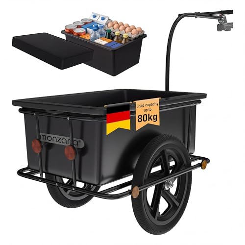 MONZANA Bike Trailer Mobility Scooter Trailer with Black 90L Tub & Cover | Bicycle Cargo Trailers with Safety Hitch Universal Tagalong Pet Dog Transport Trolley Cart Pneumatic Tyres Reflectors