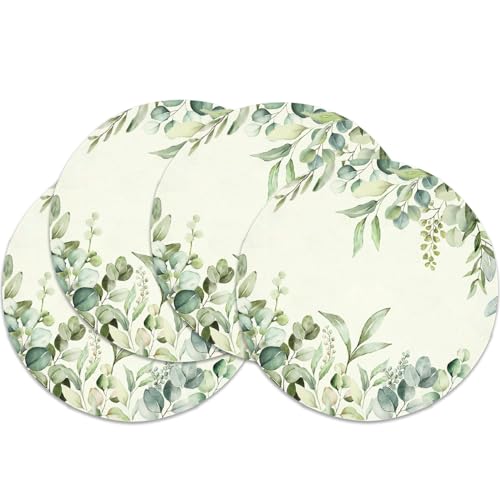 Juego de 4 manteles Individuales eucalipto Verde, Redondos, Hojas de eucalipto manteles Individuales, Redondos, Ø 37, para Vacaciones, Fiesta, Cocina