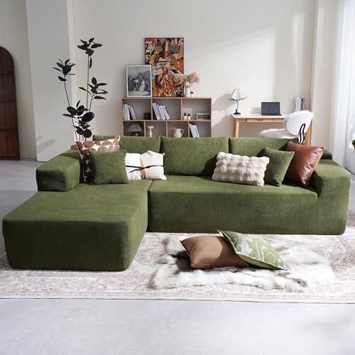 CAODOC 104" Cloud Sectional Couch with Comfy Chaise, Boneless L Shape Sofa with Deep Seat, Minimalist Modular Couches Sleeper for Living Room Bedroom Apartment Lounge,Green