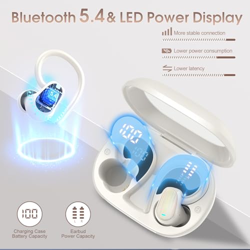 Image of Wireless Earbuds Bluetooth 5.4, 50H Playtime Sport Earphones with Earhooks, HiFi Stereo Bluetooth Hearphones with 4 ENC Noise Cancelling Mic, IPX7 Waterproof Over the Ear Buds for Gym /Running, White
