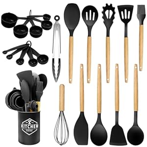 Utensili da cucina in silicone 22 pezzi, set di utensili da cucina per pentole antiaderenti, al calore e antiaderenti con manico in legno per utensili senza BPA