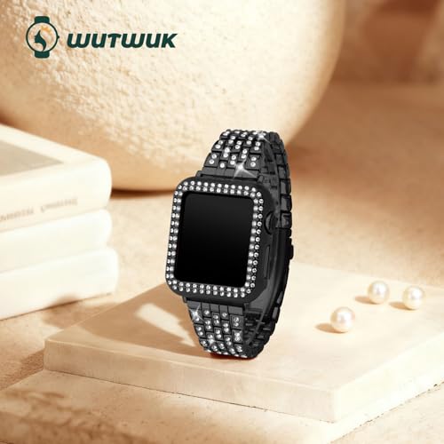 Image of wutwuk Compatible Bling Apple Watch Straps 44mm with Bling Case, Black Sparkling Metal Woman iWatch Replacement Strap, Diamond Rhinestone Wristband for Apple Watch Series SE 2 SE 6 5 4 44mm-Black