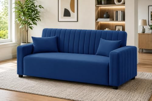 Image of Modern 3 Seater Sofa | Vertical Channel Tufted Backrest & Armrests | Plush Cushioned Seating | Contemporary Upholstered Couch for Living Room, Bedroom & Office - Blue Color