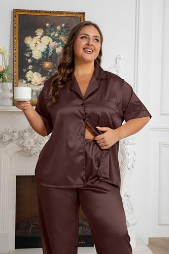 Image of Vozanet Women's Button Down Satin Pajama Sets Silky Short Sleeve Top & Pants Plus Size Loungewear Classic Sleepwear XL to 5XL