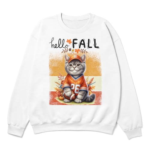 Hello Fall Cat Football Welcome Autumn with Leaves Pumpkins Adult Youth T-Shirt Hoodie Sweatshirt