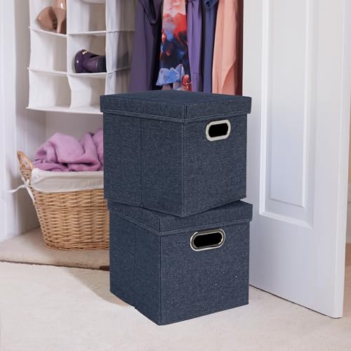 Household Essentials Collapsible Cotton Blend Cube Storage Box with Lid and Metal Grommet Handle, Set of 2, Denim by Household Essentials - Image 3