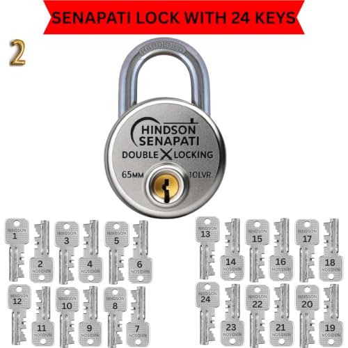 Image of Hindson Same Key Senapati 65mm Round Padlock, Pack of 6 with 24 Same Keys, Hardened Shackle, 10 Lever Mechanism, Heavy Duty, Double Locking Security Lock for Gates, Doors & Shutters (Silver)
