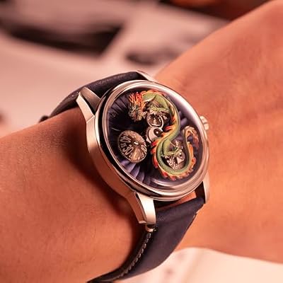 OBLVLO Luxury Dragon Design Watch, Rose Gold Case, Blue Leather Band, Decorative Dragon Dial