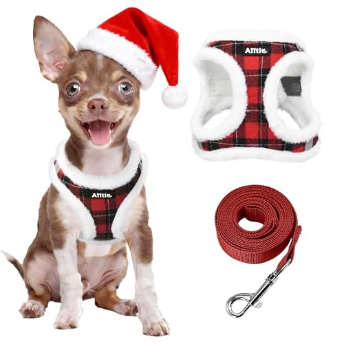 AIITLE Christmas Soft Dog Harness & Leash Set - Checkered Style, Reflective, Adjustable, Secure with Hook & Loop Fastener, No-Choke Design for Small Medium Dogs - Outdoor Adventures (Red, S)