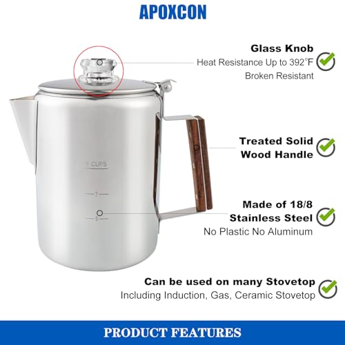 APOXCON Coffee Percolator Camping Coffee Pot Stainless Steel with Glass Knob Using on any Stovetop - NO Aluminum NO Plastic (9 Cup) - Thumbnail 5