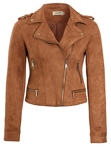 SS7 Womens Biker Jacket in Premium Faux Suede Tan