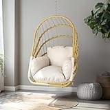 YITAHOME Hängesessel ohne Gestell, Rattan-Schaukelstuhl mit Waschbarem Kissen, 160 kg Tragkraft, Klappbarer Hängesessel für Terrasse, Garten, Schlafzimmer & Balkon, Beige