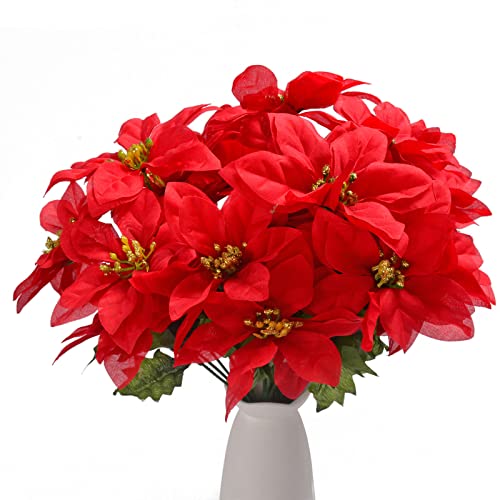 Cymax Lot de 4 fleurs de poinsettia artificielles à 7 têtes en tissu de soie pour décoration d'arbre de Noël, couronne de Noël, décoration de maison, de mariage