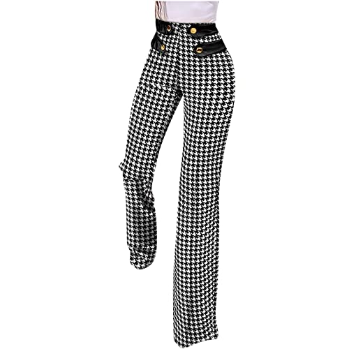 Pants For Women Fashion Plaid Print Dress Pant Elegant Slim Fit Straight Button Casual Suit Pants Pencil Trousers Black #TOP15