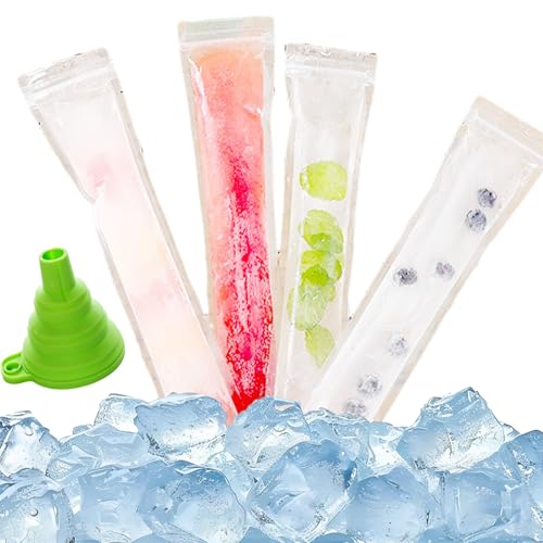 100 Pack Disposable Ice Popsicle Bags with Zip Seals Plastic Popsicle Freezer Bags With A Funnel for Healthy Snacks Ice Pops Yogurt Juice Fruit Smoothies