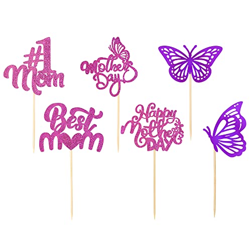 Gyufise 24Pcs Happy Mother's Day Cupcake Toppers Glitter Butterfly Best Mom Ever Cupcake Picks For Love Mom Happy Mother's Day Women Birthday Party Cake Decorations Purple #TOP2