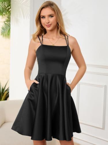 Image of Homecoming Dresses for Teens Knee Length Spaghetti Strap with Pockets Satin Backless Prom Dress