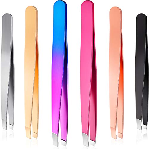 18 Pieces Eyebrow Tweezers Set Slanted Tweezer Stainless Steel Pointed Slanted Tip Tweezer Precision Facial Hair Tweezer Eyelash Extension Tweezer for Brow Shaping Daily Beauty Routine, 6 Colors