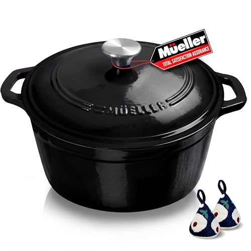 MUELLER HOME 6 Quart Enameled Cast Iron Pot Dutch Oven, Heavy-Duty Oven-Safe up to 500° F, & Across All Cooktops, Casserole Dishes for Ovens, Bread Pan with Lid and Knob, Cast Iron Cookware, Black