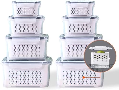 Fruit Vegetable Storage Containers for Fridge,8 Pack Large Capacity Produce Saver Containers Refrigerator Organizer Bins,Stackable Produce Keepers with Lid & Colander for Salad Berry Lettuce Storage