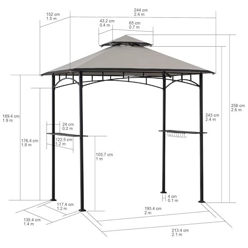 Sunjoy 5 x 8 ft Grill Gazebo with Double Tiered Canopy Roof, Black Steel Frame Grill Gazebo for Outdoor, Patio, Garden, and Backyard Activities, Beige