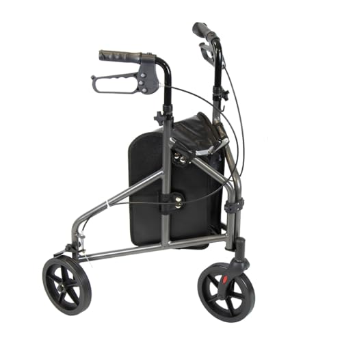 NRS Healthcare 3 Wheel Aluminium Ultra Lightweight 4.5kg (9.9lbs) Rollator Walking Aid with Bag & Lockable Brakes, Folding & Height Adjustable Walker, – Dark Silver