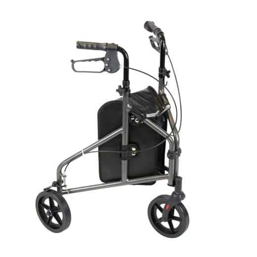 NRS Healthcare 3 Wheel Aluminium Ultra Lightweight 4.5kg (9.9lbs) Rollator Walking Aid with Bag & Lockable Brakes, Folding & Height Adjustable Walker, – Dark Silver