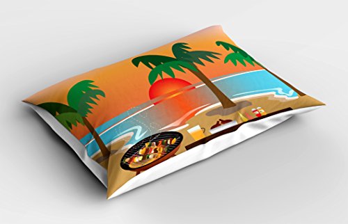 Lunarable BBQ Party Pillow Sham, BBQ in The Beach with Palm Trees and Sundown Tropical Holiday Themed Illustration… - Image 3