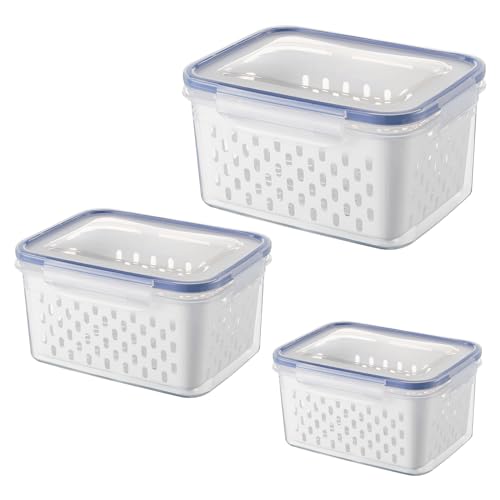 Juego de cajas de almacenamiento para frigorífico, fiambreras, frutas y verduras, con tapa y colador, doble organizador, azul claro Juego de cajas de almacenamiento para frigorífico, fiambreras, frutas y verduras, con tapa y colador, doble organizador, azul claro