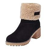  NEOKER Damen Winterschuhe Schneestiefel Plateau Shorts Stiefel Chunky Heels Boots Stiefeletten Fell Bequeme Gefüttert Mode Schuhe 6 cm Schwarz 38