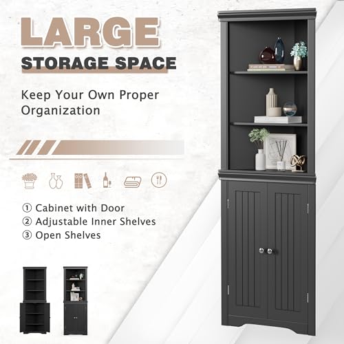 JUMMICO Corner Cabinet Corner Bathroom Cabinet with 2 Doors and 3 Tier Shelves Free Standing Corner Storage Cabinet for Bathroom, Living Room, Bedroom or Kitchen (Black)