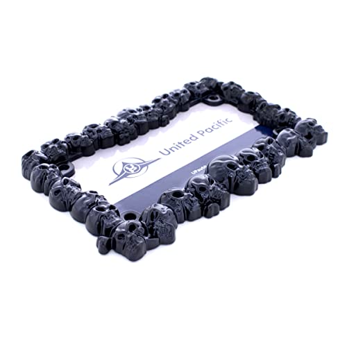 United Pacific 50113 Zinc Diecast Satin Black 3-D Skull Motorcycle License Plate Frame, All Over Skull Design, Gothic License Plate Holder, Heavy-Duty – One Unit #TOP2