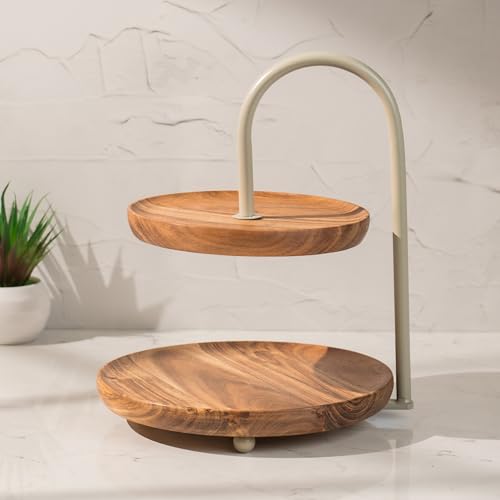 Image of KeshArc Multipurpose Serveware - Metal & Acacia Wood 2-Tier Stand - Serving Stand for Snacks, Desserts & Table Display (10.75x10x12.5 inches)