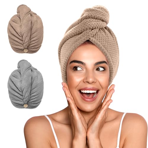 Image of YFONG 2 Pack Microfiber Hair Towel Wrap for Women, Super Absorbent Quick Dry Hair Turban for All Hair Style Anti Frizz, Large Hair Drying Towel with Button