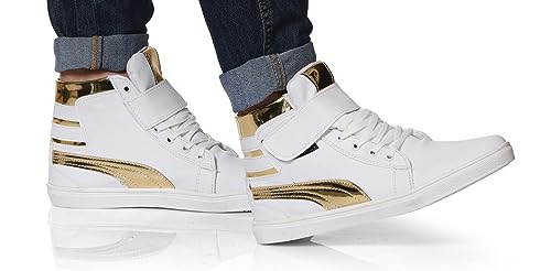 Image of Shoe Island Men's White and Gold Leatherette High Ankle Velcro Shinning Casual Dance Sneakers -10 UK /India