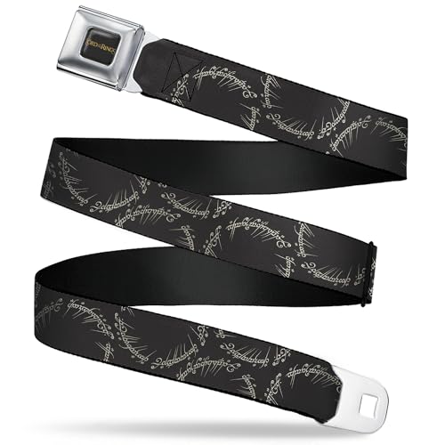 The Lord of the Rings Belt, Seatbelt Buckle Belt, The Lord of the Rings One Ring Script Black White, 34 to 52 Inches