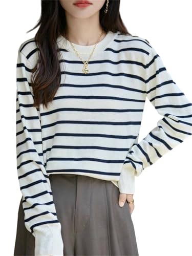 Women's 100 Percent Merino Wool Sweater O-Neck Stripe Color Matching