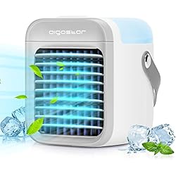 Ventilador Humidificador Kenex Aigostar Ice Cube - Ventilador humidificador portátil, sin cables. Depósito de 300ml, 3 velocidades, 2 modos de uso. Lámpara LED 7 colores, luz nocturna. Asa de transporte. Diseño mini, compacto.