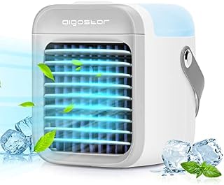 Aigostar Portable Personal Air Conditioner Fan, Mini Air Cooler Desk Fan, USB Rechargeable Cooling Fan with 3 Speeds, 7 Colors Light for Home/Office/Outdoors - Ice Cube