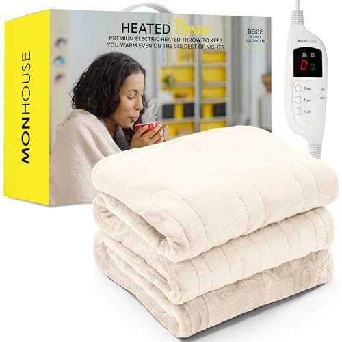 MONHOUSE 150X200 cm Soft Electric Blanket Double - Sofa Heated Throw With Digital Controller - Machine Washable Bed Throw, Timer up to 9 hours, 9 Heat Settings, Auto Shutoff - BEIGE