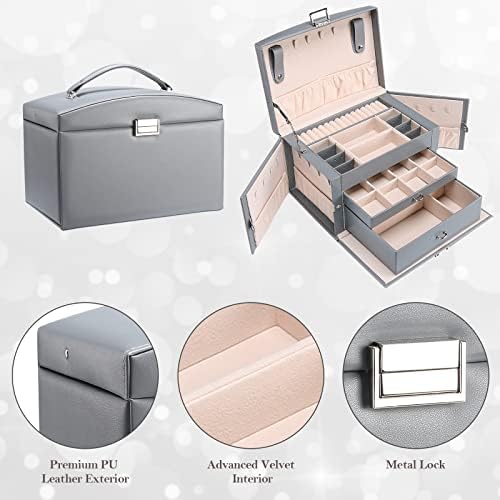 ProCase Large Jewellery Box Organizer for Women Girls, 3 Layers Leather Jewelry Display Storage Holder Case with Lock Handle for Earrings Bracelets Rings Watches -Grey
