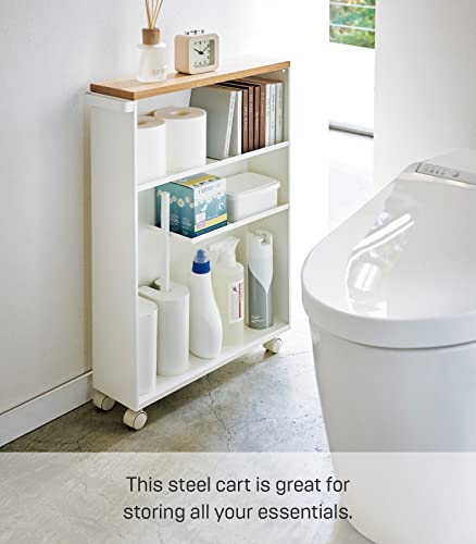 Yamazaki Home Rolling Slim Bathroom Utility Cart with Handle - Storage Shelf Narrow Organizer Rack Steel One Size White