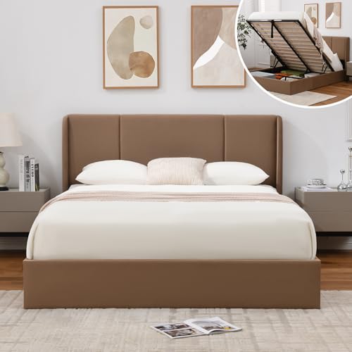 VELOCAVA Full Size Lift Up Storage Bed, Brown Velvet Upholstered Wingback Headboard, Modern Gas Lift Platform Bed with Spacious Under-Bed Storage, No Box Spring Needed, Easy Assembly