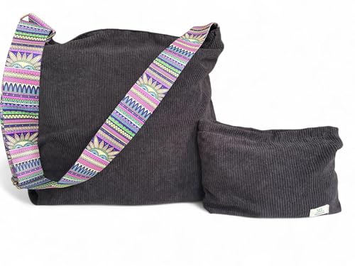 MONIFER Bolso Bandolera Grande de Pana con Bolsa de Cosméticos a Juego, Estampado Étnico (Negro) MONIFER Bolso Bandolera Grande de Pana con Bolsa de Cosméticos a Juego, Estampado Étnico (Negro)