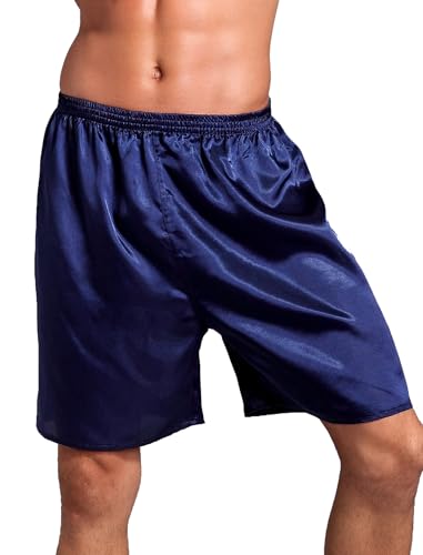 Silk Shorts Men Mid Elastic Waist Pajamas Shorts Comfy Satin Pjs Pants Sleepwear Boxer Shorts Sissy Lounge Short Blue Satin Pjs Boxer Briefs Navy Blue XL3